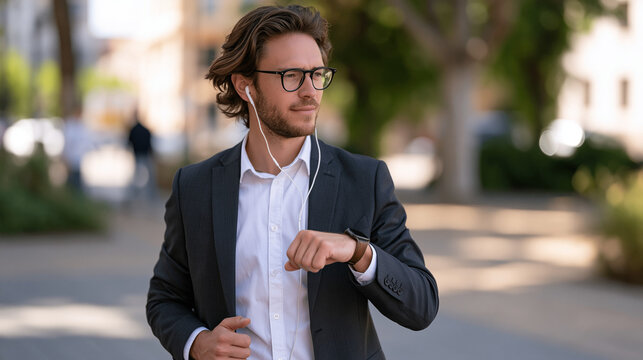 Young professional listening to financial podcast while savings round-up app notification appears mid-run on smartwatch, urban park setting under harsh afternoon sun, wrist raised