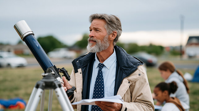Retired surveyor volunteering at regional astronomy association gathering, calibrating donated refractor telescope for neighborhood families while adolescent participants record