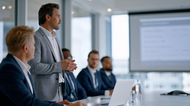Fintech developer presenting blockchain settlement instant confirmation to boardroom of executives on projected display, sleek conference room with floor-to-ceiling windows,
