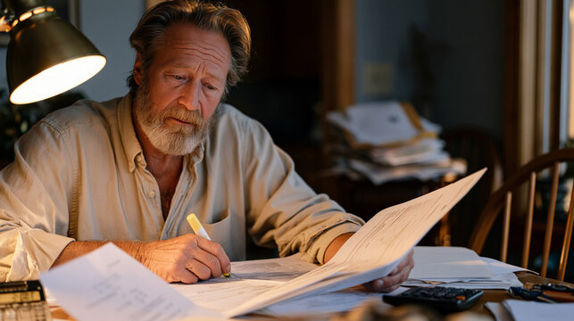 Bankruptcy filing documents fanned across a modest home dining table where a middle-aged man in a rumpled dress shirt studies each page with a highlighter, mail stack visible in
