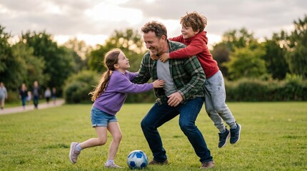 Naklejka premium Father playing football with his two happy children in a park on a sunny day