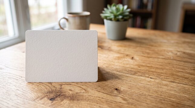 Blank white card on a wooden table with a plant and mug in the background