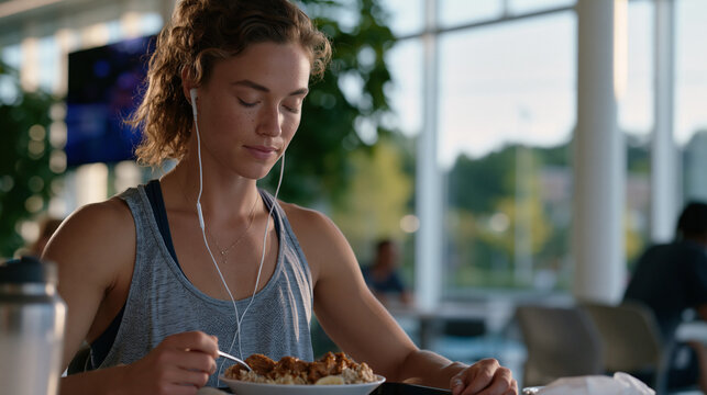 Competitive swimmer eating pre-race plant-based meal in aquatic center cafeteria, athlete nutrition routine, banana oat bowl with almond butter visible on tray, headphones in and