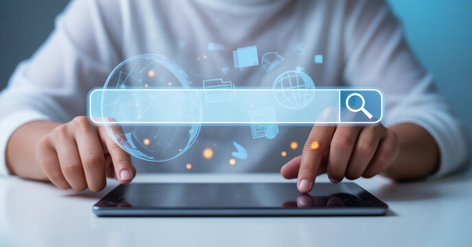 Search engine optimization and website analytics with search bar and digital network.