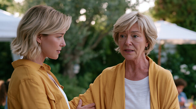 Adult daughter gently taking her elderly mother by the arm at a family backyard gathering to redirect a parenting comment she made, the older woman looking surprised and hurt