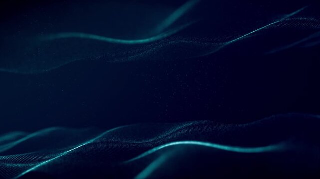 Abstract background with waves of moving stripes and particles on a blue background, space for text