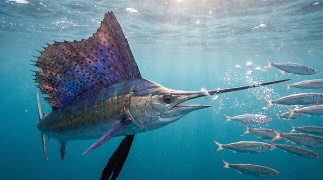 A beautifully detailed photorealistic underwater stock photograph capturing a lightning-fast sailfish with its massive dorsal fin fully extended hunting in the blue ocean.