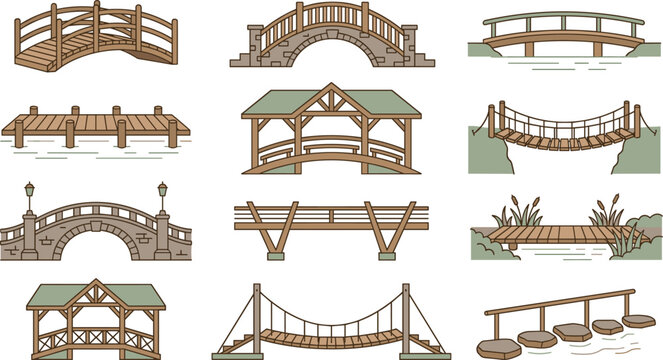 Wooden and Stone Bridges Icon Set Featuring Suspension Bridge Footbridge Pier Covered Bridge and Stepping Stones for Landscape Vector Designs