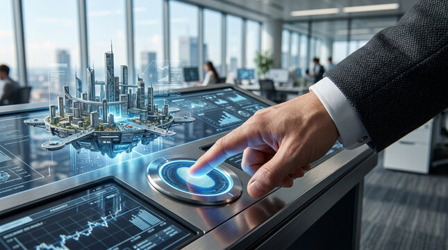 Futuristic Cityscape Display & Hand Interaction with Holographic Interface