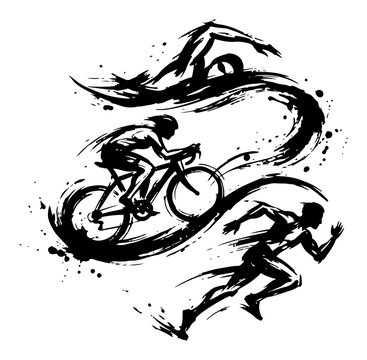 Triathlon athletes swimming cycling and running expressive ink brush sketch illustration