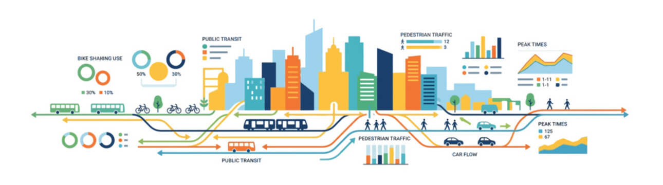 Urban transportation infographic, city skyline, traffic flow, public transport, car sharing