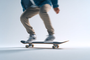 Naklejka premium Skateboarder in motion blur captured in dynamic studio photography, isolated on clean white background with cinematic photorealistic quality. 