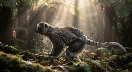 Fototapeta premium Lemur shaking off water in a misty forest