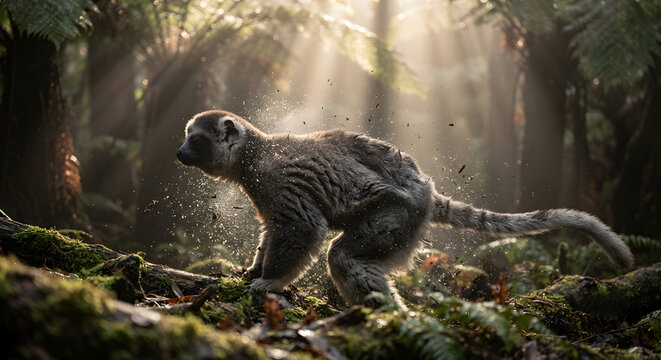 Lemur shaking off water in a misty forest