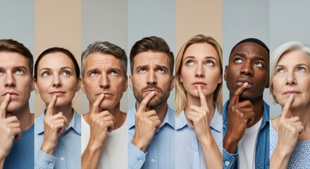 Obraz premium Collage of Diverse People Thinking and Looking Upwards, Concept of Problem Solving, Decision Making and Inspiration