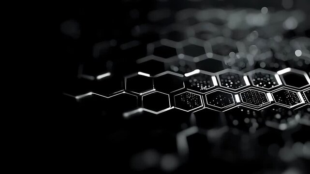 Abstract digital background with glowing hexagonal pattern and bokeh effect.
