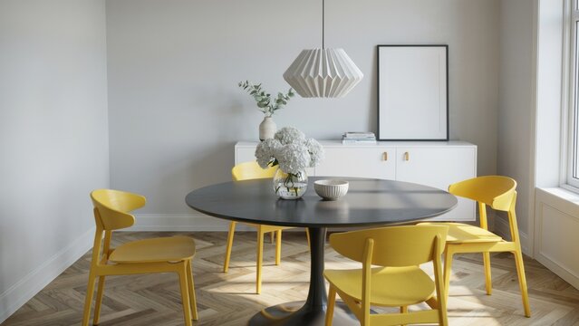 Modern dining room interior with yellow chairs and round table