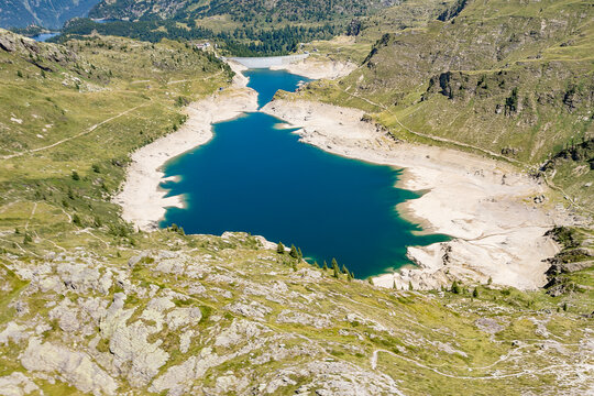 Climate crisis, above Twin lakes in the Orobie mountains, Lombardy landscape in the summer season