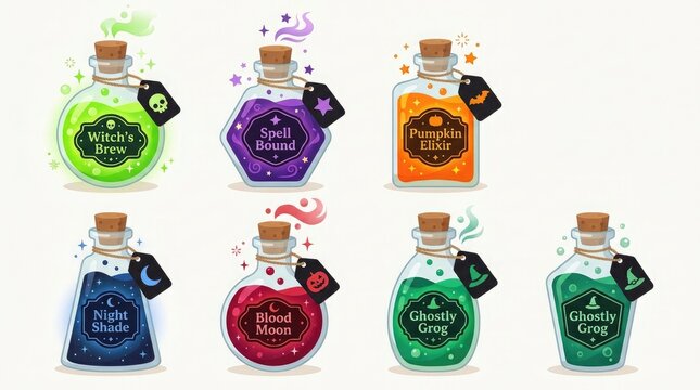 Set of seven colorful magic potion bottles with cork stoppers and labels isolated on a white background