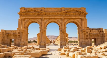 Obraz premium Ancient Monumental Arch of Palmyra in Syria, Roman Empire Ruins with Colonnaded Street and Desert Landscape