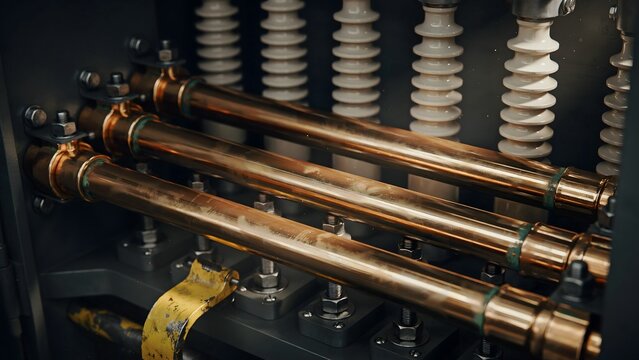 Close-up of high-voltage electrical transformer insulators and busbars in power plant