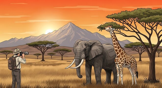 Elephant giraffe and zebra in African savanna sunset.