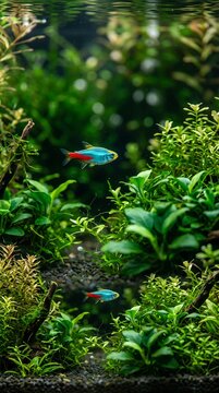 Vibrant aquatic ecosystem with two small neon tetras swimming amongst lush, green aquatic plants in a beautifully aquascaped aquarium.