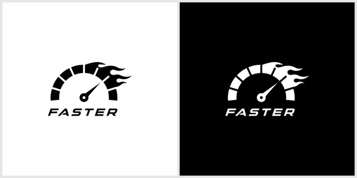 Dynamic Speedometer with Flames and 'Faster' Text Logo Design Concept
