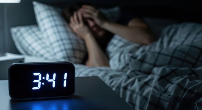 Woman Suffering from Insomnia and Stress Lying in Bed at Night with Digital Alarm Clock Showing Late Hour