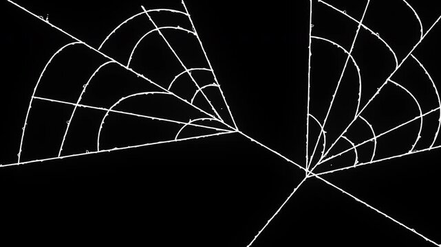 Animated spider web expansion effect with flexible elastic strands, dynamic tension motion design, pulsing cobweb structure and seamless black background horror overlay in ultra 4k loop