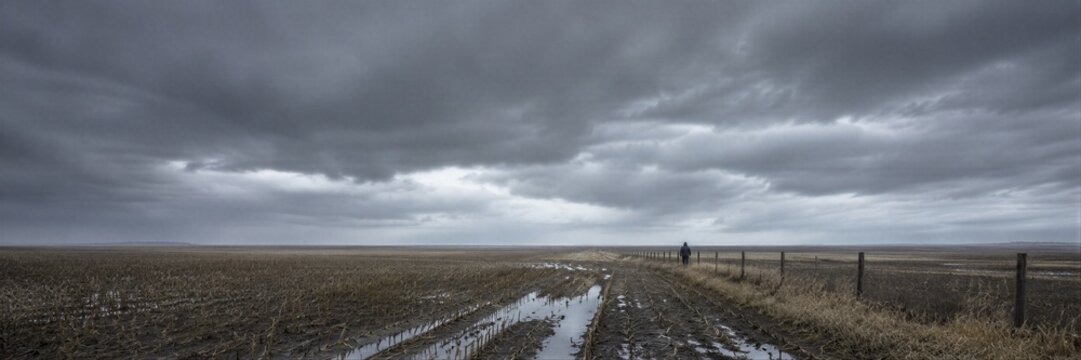 Man walking along fence line in flat agricultural field of the Midwest. Stormy clouds over muddy rural landscape after harvest.