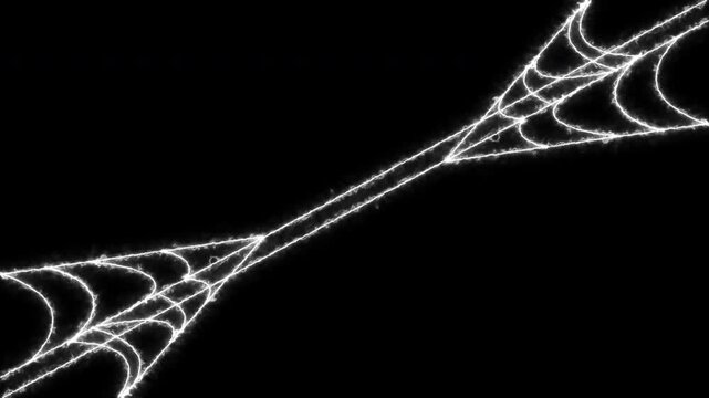 Animated spider web expansion effect with flexible elastic strands, dynamic tension motion design, pulsing cobweb structure and seamless black background horror overlay in ultra 4k loop