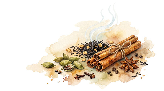 Watercolor chai spice illustration with cinnamon sticks and star anise, aromatic masala tea ingredients on white background, vintage botanical food art
