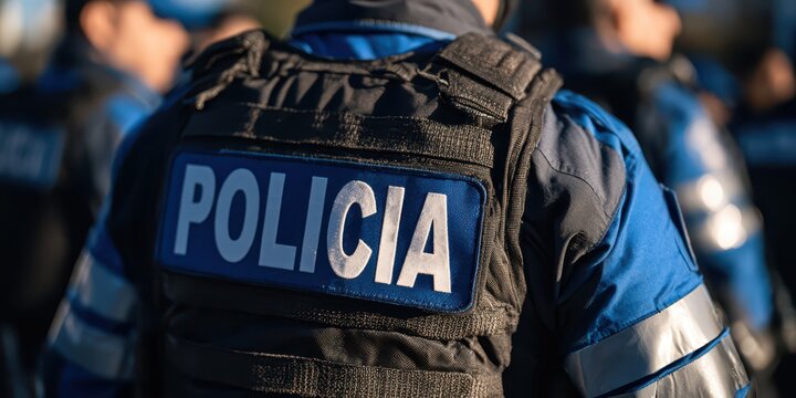 Closeup of a police officer wearing a tactical vest with a blue policia patch