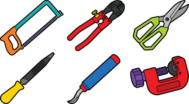 Industrial hardware cutting tools vector set featuring hacksaw bolt cutter shears metal rasp deburring tool pipe cutter