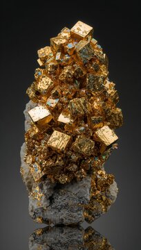 Golden pyrite mineral specimen with cubic crystal formations on a gray rock base, showcasing intricate details and reflective surfaces against a dark background