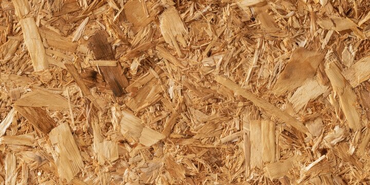Closeup texture of oriented strand board osb wood panel, showing compressed wood chips and flakes for construction and industrial use