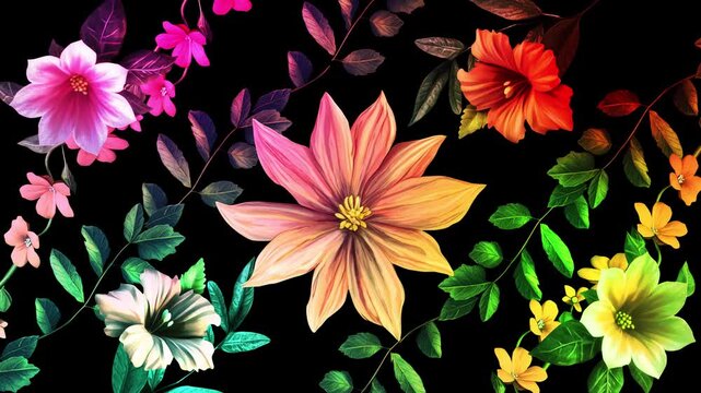 Vibrant colorful flowers and botanical leaves dancing on a black background.