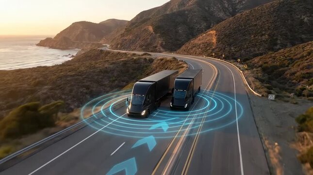 Autonomous truck platoon driving on coastal highway at sunset