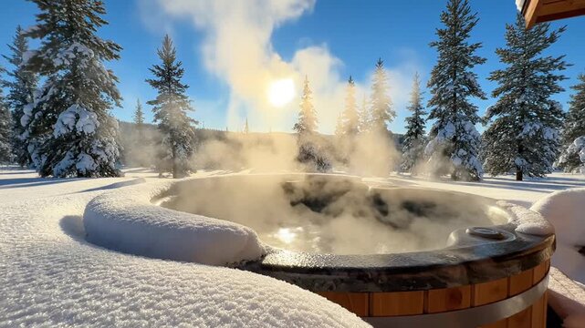 Steaming hot tub in snowy winter forest at sunrise