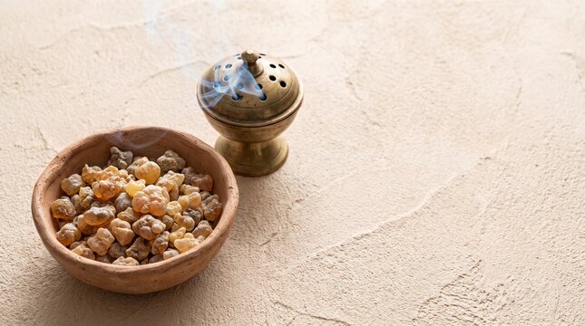 Frankincense Resin Tears in Clay Dish with Brass Censer Smoke
