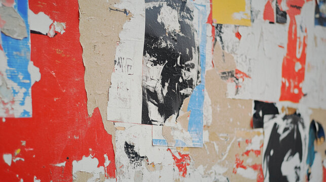 Distressed Wheatpaste Wall with Bold Red Urban Poster Fragments