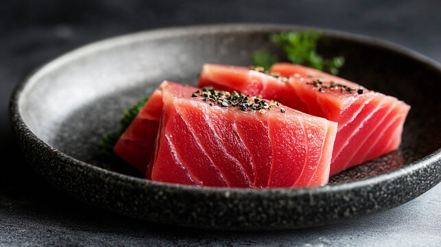 Fresh Raw Tuna Steak Cubes with Black Pepper on Ceramic Plate
