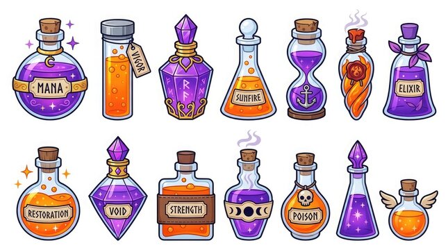 Collection of colorful magic potion bottles with glowing liquids and labels isolated on a white background for design