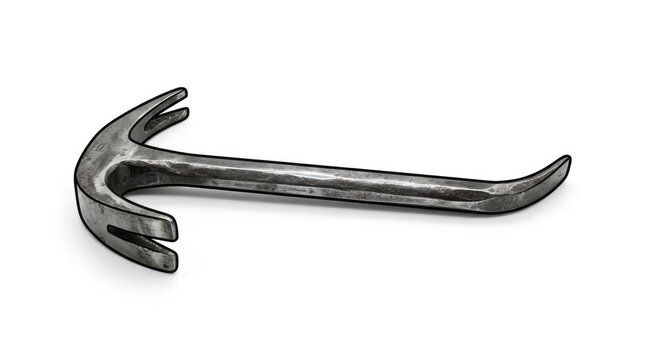 A metal nail puller tool is placed on a white surface. It has a long, flat handle and two curved prongs at one end.