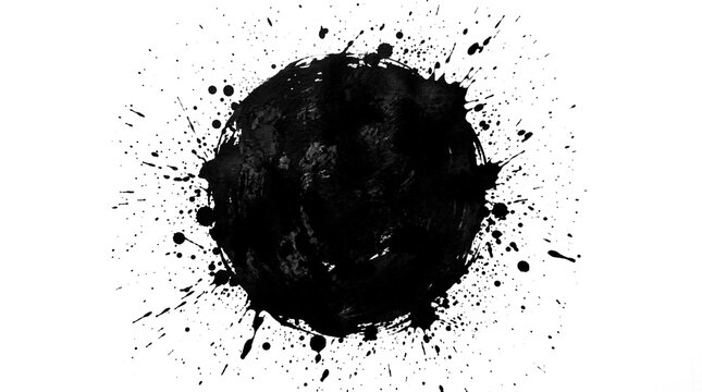 Abstract black ink splatter isolated on transparent background with dynamic droplets, grunge paint textures, drip trails and rough splashes, design art element