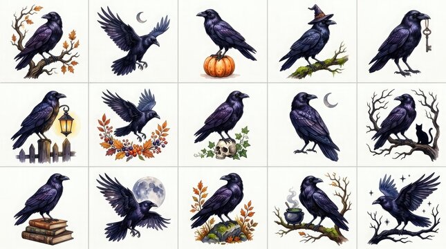 Collection of various black raven bird illustrations for halloween decorations and gothic style graphic design projects