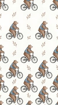 Seamless pattern of bears riding bicycles with leaves.