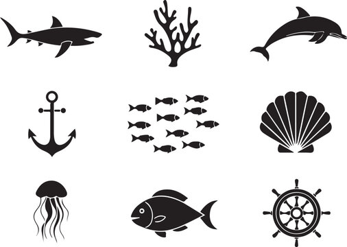 Set of Sea Animals and Marine Wildlife Vector Silhouettes with Fish Shark Ocean Nature Icons for Tattoo Design Decorative Illustration Collection