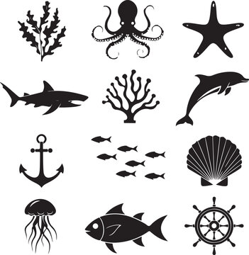 Set of Sea Animals Vector Silhouette Collection with Vintage Marine Wildlife Illustrations Decorative Tattoo Style Ocean Nature Icons and Seamless Design Elements
